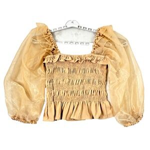 NWOT Jess Lea Square Neck Blouse Golden Shimmer L Smocking Balloon Sheer Sleeves